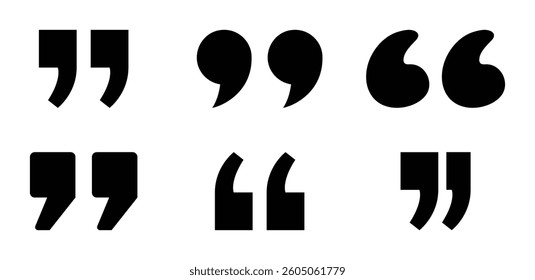 Modern black quotation marks vector set. Ideal for quotes, articles, book covers, branding, web design, posters, typography layouts, and creative editorial graphic projects. Icons, vector.