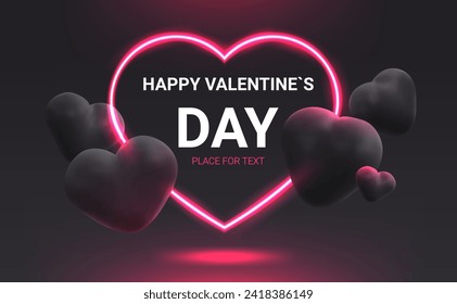 Modern Black realistic Hearts and neon banner. Bright Valentine`s day Landing Page illustration 