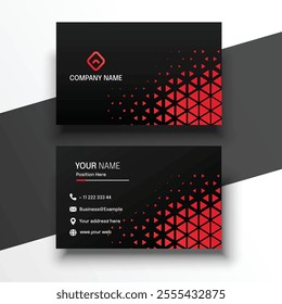 Modern Black and red business card design with geometric triangle patterns, featuring contact details and a professional layout.