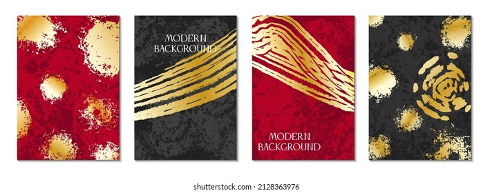 Modern black and red cover design collection. Abstract golden brush stroke grunge texture. Gold blots art on black background for notebook, flyer, brochure, magazine page