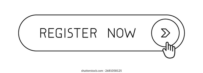 Moderno preto arredondado CTA botão, "Registre agora" texto, ícone de seta, web UI elemento para landing pages, aplicativos móveis ou banners.