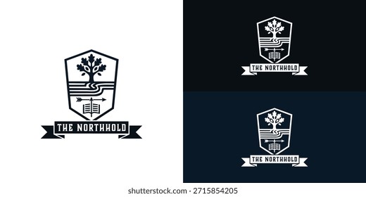 El escudo negro moderno presenta un árbol robusto, caminos sinuosos y una flecha colocada sobre un libro abierto. Este diseño combina con éxito una estética audaz y simplista con el patrimonio.