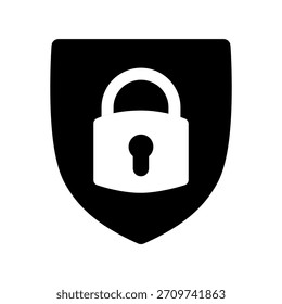 Icono moderno de bloqueo de escudo negro que muestra una fuerte protección de la privacidad y un acceso seguro al sistema. Ideal para App en ciberseguridad, flujos de Inicio de sesión y temas de protección.