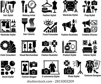 Modern black silhouette icon collection featuring beauty salon, hairstyling, makeup, fashion design, nail care, barber, photography, visual merchandising, product styling, creative direction, costume design, and related beauty and fashion professions. Perfect for salons, fashion agencies, websites, mobile apps, branding, presentations, and infographics.

#BeautySalon #FashionIcons #HairStylist #MakeupArtist #FashionStylist #WardrobeStylist #Barber #NailTechnician #BeautyIndustry #FashionIndustry #CreativeDirector #VectorIcons #IconSet #SilhouetteIcons #FlatDesign #GraphicDesign #AdobeStock #StockIllustration #BeautyCare #SalonServices