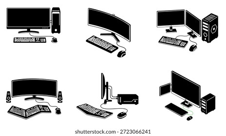 Conjunto de ícones de vetor de silhueta preta moderna de configurações de computador desktop com monitores, teclados, mouses, alto-falantes e torres de CPU mostrados em vários ângulos, ideal para tecnologia, espaço de trabalho, interface do usuário e informações