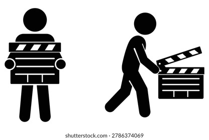 modern black silhouette vector showing people holding and operating movie clapperboards during a film production scene, ideal for cinema shooting, video direction, filmmaking, media projects, studio work, and entertainment design themes.