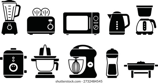 Siluetas negras modernas de dispositivos de cocina comunes, perfectas para un diseño minimalista, blogs culinarios o recursos de economía doméstica.