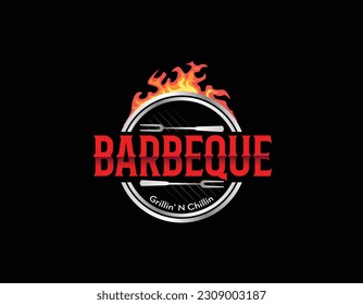 Modern Black Silver Red Barbeque Logo Design Template