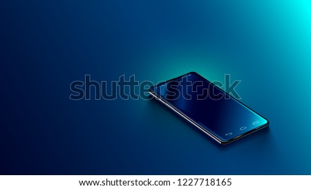 Modern black smart phone lies on a smooth dark blue surface or table in perspective view. Realistic vector illustration isometric smartphone. New shiny mobile cellphone with reflection on the screen