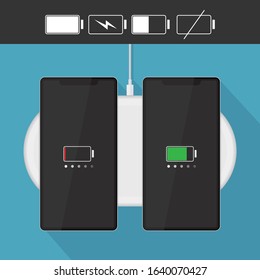 Modern black smartphone collection, red green battery indicator icons on white digital charging pad, vector device flat design interface element for app ui ux web button isolated on blue background