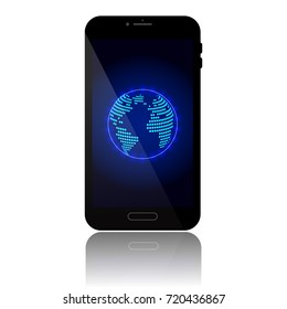 Modern black smartphone  with earth on the display. World communication concept. Vector illustration