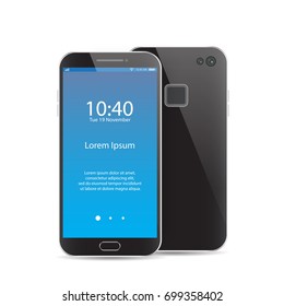 Modern black smartphone isolated. Front and back of Vector smartphone illustration. Cell phone mockup back view.
