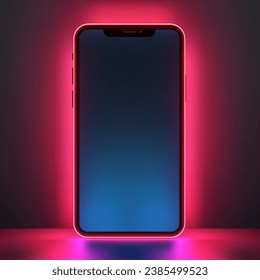 Modern black smartphone neon illuminated screen on dark studio background realistic vector illustration. Mobile phone touchscreen display smart telephone device application communication technology