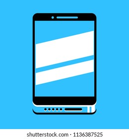 Modern black smartphone vector illustration. Flat cartoon style. With empty screen and glare on it. Isolated on blue background.