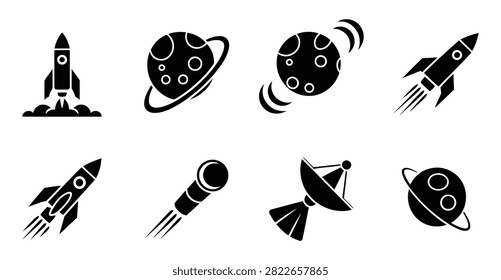 Modern black space exploration astronomy cosmos icons set