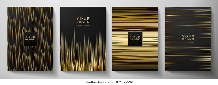 Modern black stripe cover design set. Luxury creative gold dynamic line pattern. Formal premium vector background for business brochure, poster, notebook, menu template 