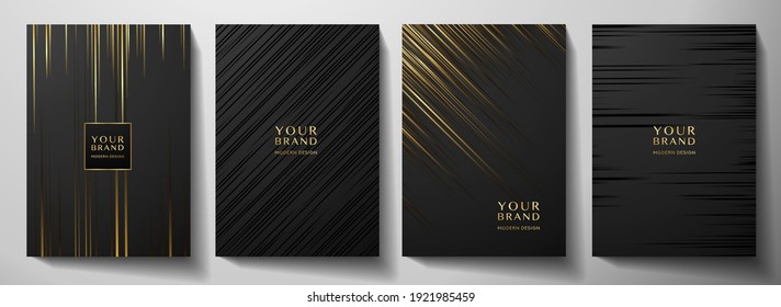 Modern black stripe cover design set  Luxury creative gold dynamic diagonal line pattern  Formal premium vector background for business brochure  poster  notebook  menu template 