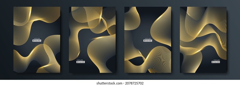 Modern black stripe cover design set. Luxury creative gold dynamic diagonal line pattern. Formal premium vector background for business brochure, poster, notebook, menu template