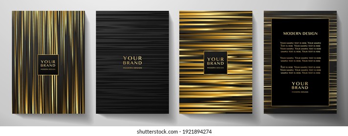 Modern black stripe cover, frame design set. Luxury creative gold dynamic line pattern. Formal premium vector background for business brochure, poster, notebook, menu template 