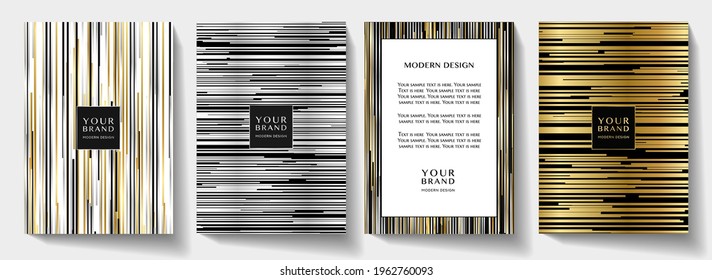 Modern black stripe cover, frame design set. Luxury creative dynamic line pattern in premium gold, silver, black colors. Formal premium vector background for business brochure, notebook, menu template