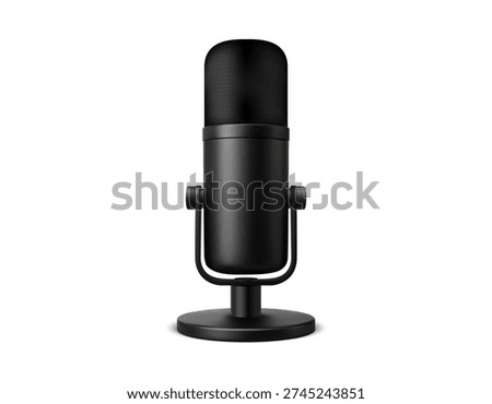 Modern black studio microphone isolated on clean white background mockup.