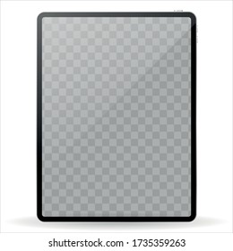 Modern black tablet computer mockup with transparent screen isolated on white background. Vector illustration