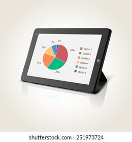 Modern black tablet pc with chart pie on screen, vector illustration