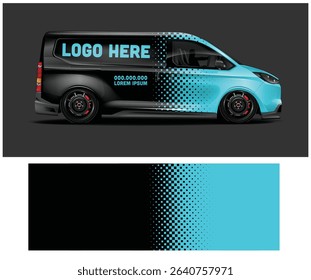 Modern black and teal van wrap design template with halftone pattern. Perfect for branding and advertising.