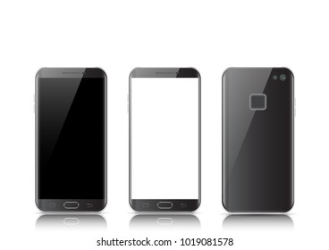 Modern black touchscreen cellphone tablet smartphone isolated on light background. Phone front and back side isolated. Vector illustration.