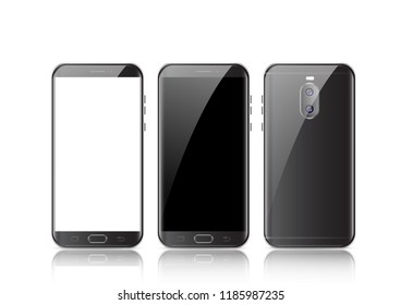 Modern black touchscreen cellphone tablet smartphone isolated on light background. Phone front and back side isolated. Vector illustration.