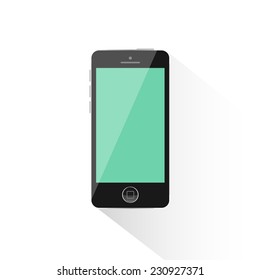 Modern black touchscreen cellphone tablet smartphone isolated on light background with long shadow