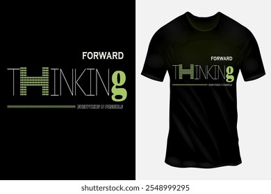 Design moderno de camiseta preta com texto "Pensando no futuro" em verde e branco para os entusiastas da inovação