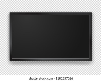 Modern black tv frame with blank screen vector mockup. 1920 on 1080 HD proportion screen. Vector object isolated on transparent background