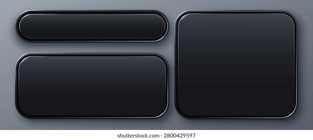 Modern black user interface buttons and rounded frames. Minimalist web design elements for app layout. Vector illustration