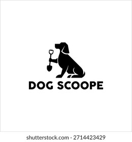 Modern black vector logo featuring a stylized sitting dog holding a small shovel, representing pet waste cleanup or care service.