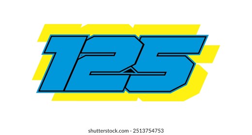 Modern black vector number 125, blue yellow colors, racing design, white background.