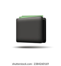 Modern black wallet with cash 3D. Realistic illustration for business, finance, earnings, electronic, and cash settlement concepts. Object on a white background.