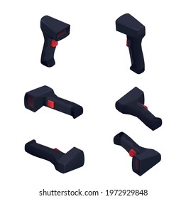 Modern Black Warehouse Barcode Scanner Isolated Isometric Set Vector Illustration