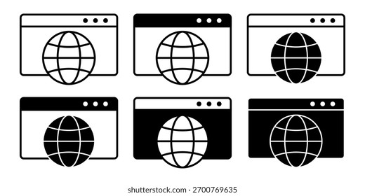 Modern black web browser icon bundle for website interface, internet search, and global online browsing visuals.