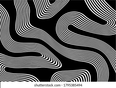 Modern black and white abstract background of white swirling parallel lines on a black background. Vector illustration