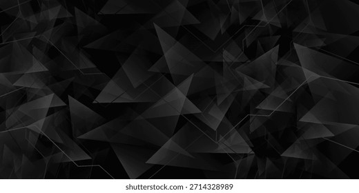 Moderner abstrakter schwarz-weißer Hintergrund. Minimal. Farbverlauf. Dunkelgraues Banner mit geometrischen Formen, Linien, Streifen, Dreiecken. Design. Futuristisch. Schneiden Sie Papier- oder Metalleffekt. Origami, Mosaik, Geometrie.