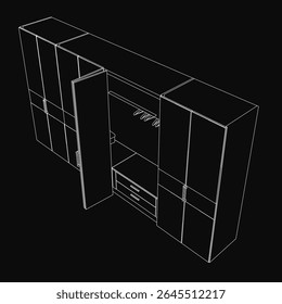 Modern black and white cabinet with a glossy finish features sleek drawers at the bottom and a slightly open door revealing the interior. The 3D model stands out against a dark background, showcasing.