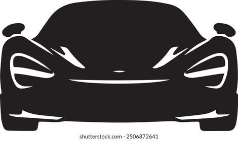 A modern black and white car front vector image, designed for multipurpose use. The image is sleek and minimalistic, making it versatile for various applications such as logos, icons, t-shirt designs