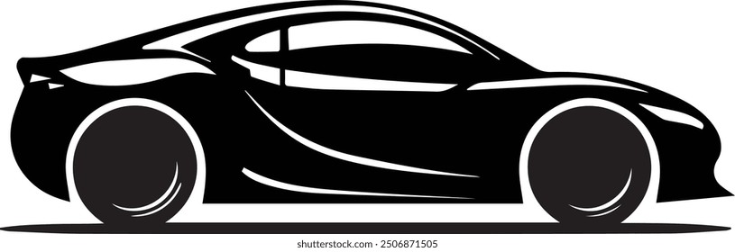 A modern black and white car vector image, designed for multipurpose use. The image is sleek and minimalistic, making it versatile for various applications such as logos, icons, t-shirt designs