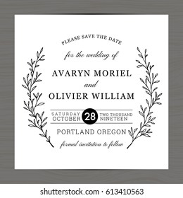 Modern Black And White Colors Wedding Invitation Save The Date Card Template Decorate With Hand Drawn Leaf Wreath Laurel. Vector Illustration.