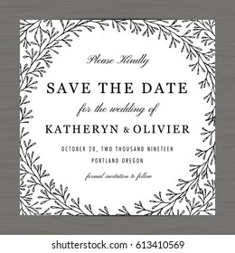 Modern black and white colors wedding invitation save the date card template decorate with hand drawn floral leaves wreath. Vector illustration.