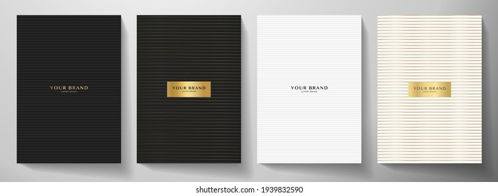 Modern black, white cover design set. Creative abstract with horizontal line pattern (stripe texture) on background. Premium vector collection for business brochure, catalog template, booklet layout