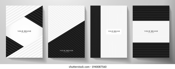 Modern black, white cover design set. Creative abstract with diagonal dynamic line pattern (stripe) on background. Premium vector collection for business brochure, catalog template, booklet layout