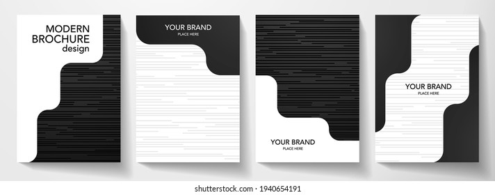 Modern black, white cover design set. Creative abstract with diagonal dynamic shape, line pattern (stripe) on background. Premium vector collection for business brochure, leaflet a4 template, flyer