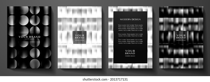 Modern black, white cover, frame design set. Abstract with horizontal, vertical line pattern (stripe texture) on background. Creative vector collection for business brochure, catalog template, booklet